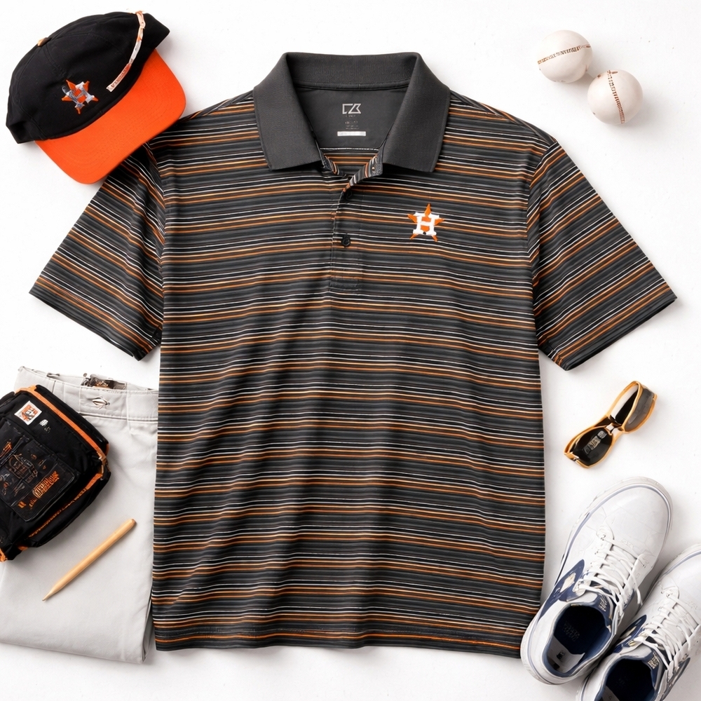 CUTTER &BUCK Houston Astros Orange Gray 1/4 Button Poly Polo Shirt. Mens XXL